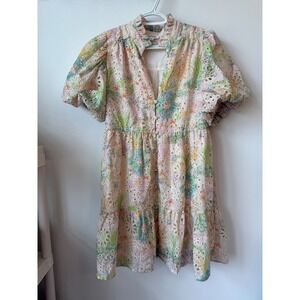 Lovelo Floral Eyelet Mini Dress Puff Sleeve Tiered Babydoll Pastel Multi Small
